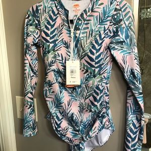 AXESEA Rash Guard One Piece Swimsuit Ruched Zip